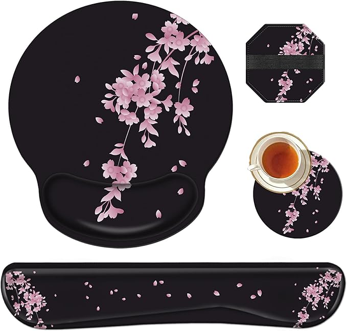 Wrist Rests for Keyboard and Mouse Support Gel Pad + Screen Cleaning Pad + Coaster, Cloth Wipes for Laptop/Computer Screen, Ergonomic Memory Foam Mousepad for Gaming/Work, Cherry Blossoms