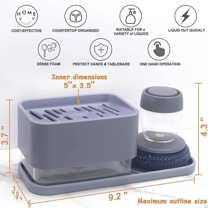 Dish Soap Dispenser with Sponge Holder -Dishwashing Soap Pump Dispenser for Kitchen Sink, 4-in-1 Countertop Soap Pump Dispenser wiht Brush Head, Silicone Sink Tray, Cleaning Sponges