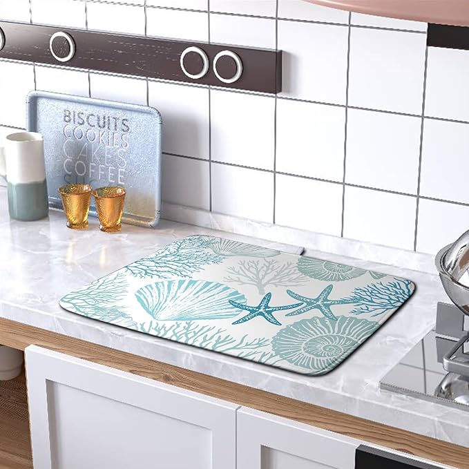 Summer Blue Dish Drying Mat for Kitchen Counter Nautical Coastal Teal Dishes Drainer Mats Beach Coral Seashell Starfish Ocean Absorbent Microfiber Dish Draining Pad 16x18 Inch