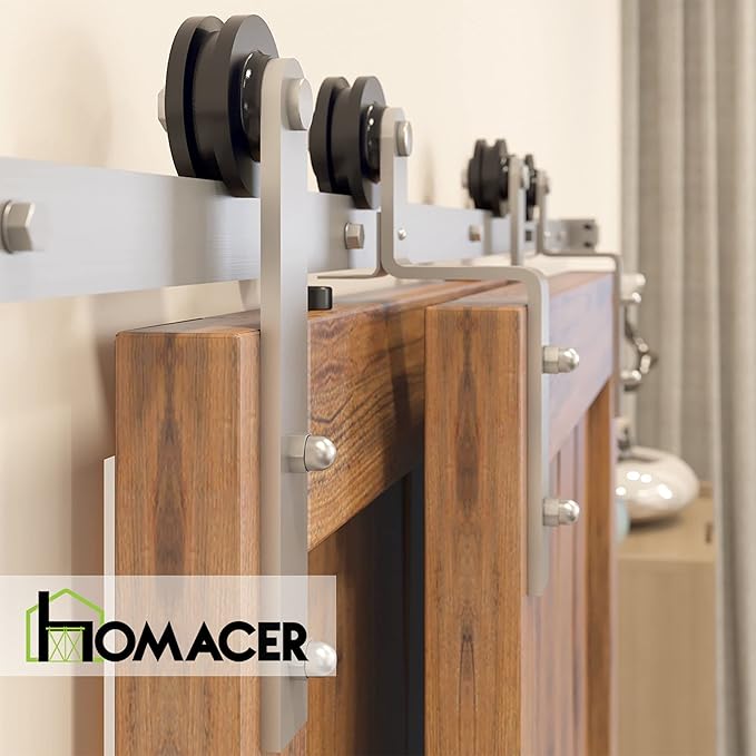 Homacer Brushed Nickel Single Track Bypass Sliding Barn Door Hardware Kit, for Two/Double Doors, 5ft Long Flat Track, StraightDesign Roller