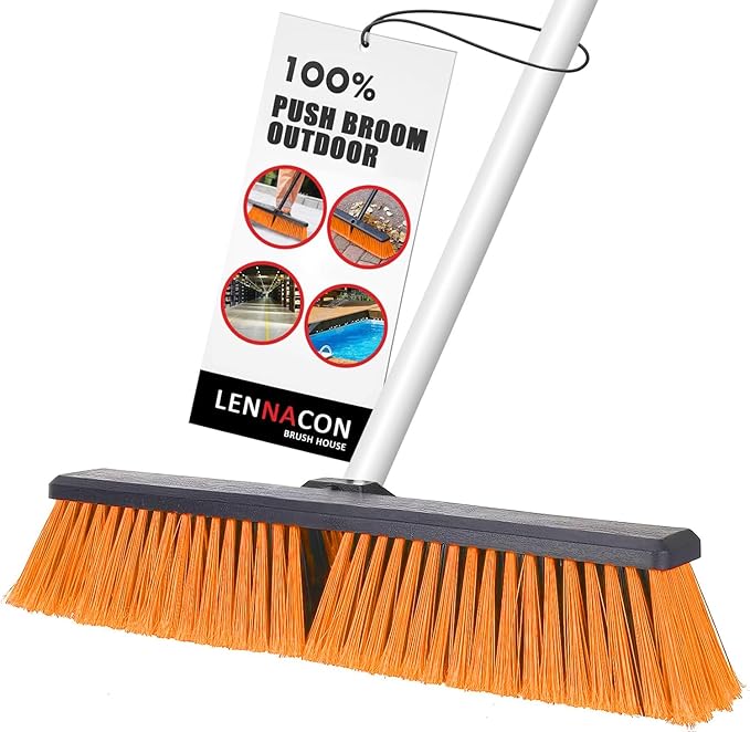 18" Push Broom Outdoor Heavy Duty, Snow Broom with Long Handle, Shop Broom Garage Push Broom for Garden, Patio, Garage, Bathroom, Kitchen, Tub, Carpet, Tile, Deck, Concrete, Industrial (Orange white)1