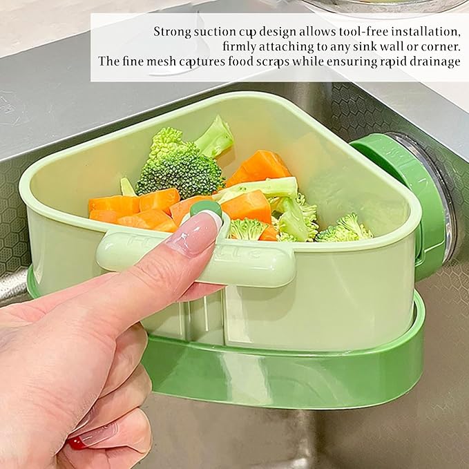 2PCS 2025 Upgraded Sink Corner Dish Rack with Suction Cups, Automatic Dumping Strainer Basket, Sponge Storage & Food Waste Catcher, Multi-Functional Kitchen Organizer