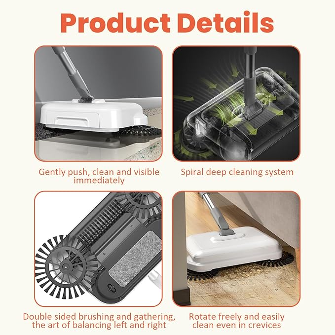 Floor Sweeper, 2-in-1 360° Rotating Hand Push Sweeper with Long Handle, High-Efficiency Manual Carpet & Hard Floor Cleaning Tool for Home & OfficeFloor