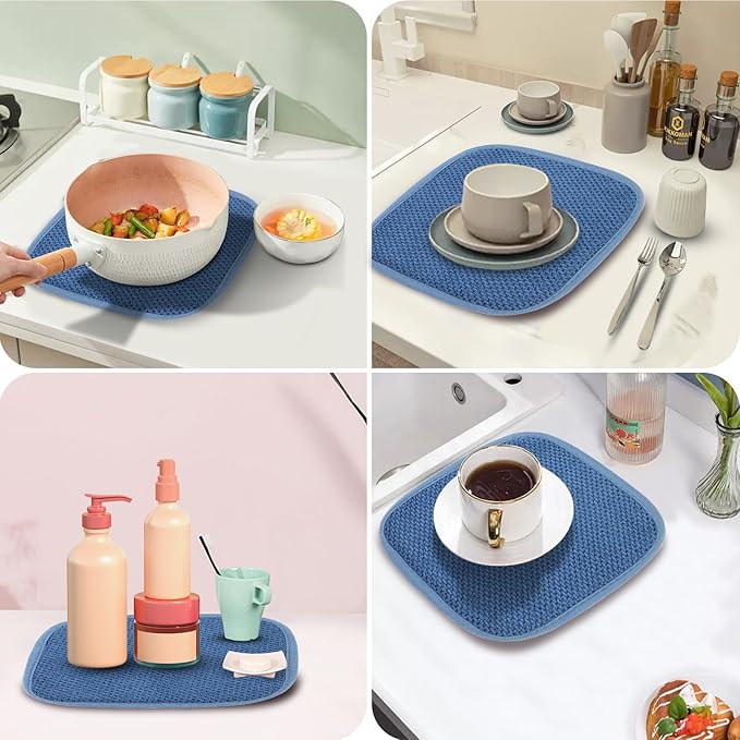 Microfiber Dish Drying Mat, Super Absorbent Kitchen Dish Drying Pad, Reversible for Countertop, 7*7 inch Blue