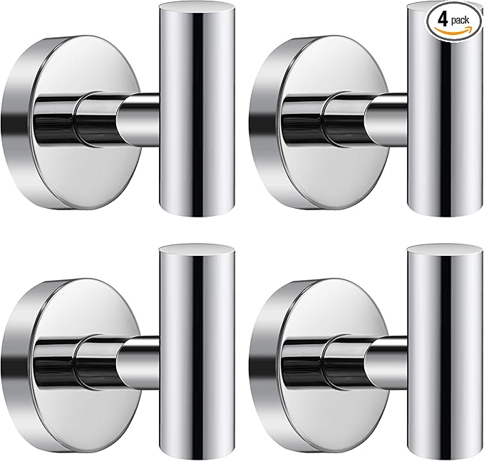 Towel Hooks, SUS 304 Stainless Steel Hooks, Heavy Duty Door Hanger Towel Robe Clothes Cabinet Closet Sponges Hook for Bathroom Kitchen Garage Gotel (Chrome, 4 Pcs)