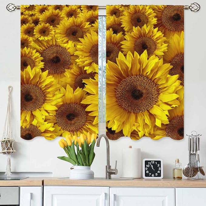 Sunflower Kitchen Curtains Vintage Rustic Grunge Flowers Field Blooms Yellow Petals Short Tier Curtains for Bathroom Cafe Small Window Drapes Treatment 2 Panels (27.5x39 Inch)