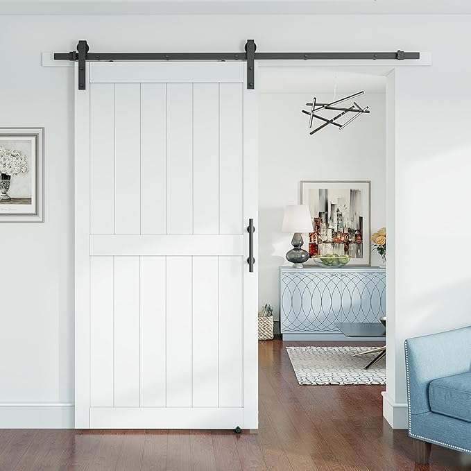 SmartStandard 40 x 80 inch White Sliding MDF Barn Door with 7FT Black Sliding Door Hardware Kit & Handle, Pre-Drilled Ready to Assemble, Waterproof PVC Coating, H-Frame