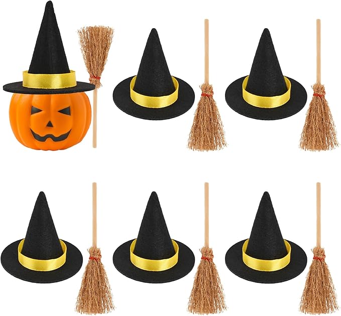 Mini Witch Hats and Mini Broom, Small Witch Hats for Crafts, 20 Pcs Halloween Party Decorations Costume Cosplay Accessory