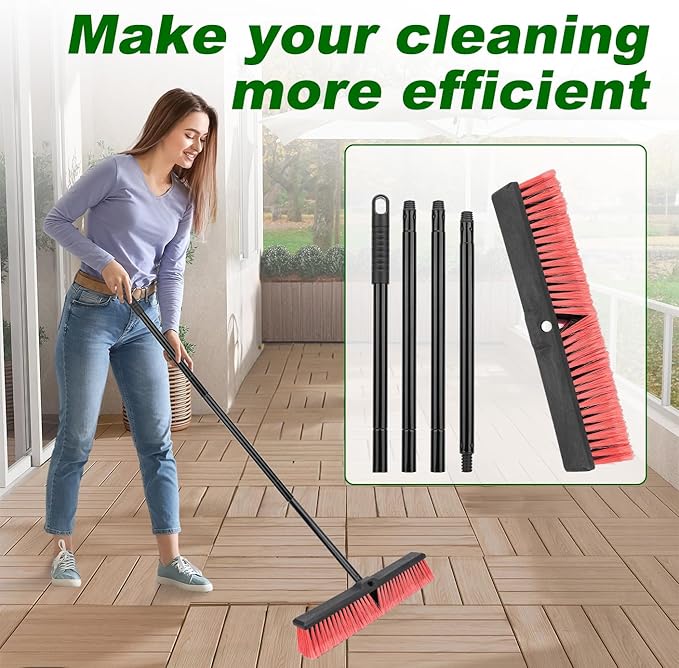 18 Inches Push Broom Outdoor- Heavy Duty Commercial Broom with 64.5" Long Handle and Stiff Bristles for Patio Garage Deck Concrete Wood Stone Tile Driveway Yard Warehouse Shop Floor Cleaning Broom