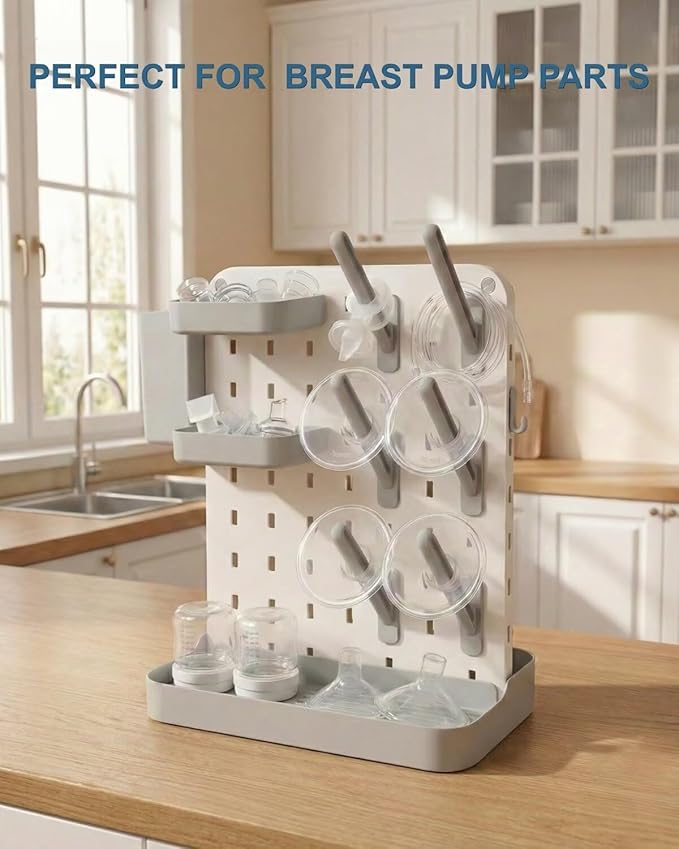 Baby Bottle Drying Rack with Brush & Soap Organizer, Space Saving Countertop Dryer Holder for Breast Pump Parts, Nipples & Accessories, Detachable High Capacity Stand with Drip Tray, BPA Free