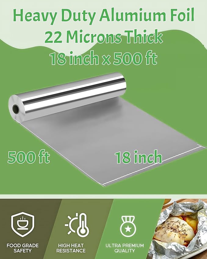 Aluminum Foil Wrap Roll 18 in x 500 ft Heavy Duty Commercial and Home Use for Food, BBQ, Grilling, Cooking, Baking, Roasting, Party (18 in x 500 ft, 1 Pack)