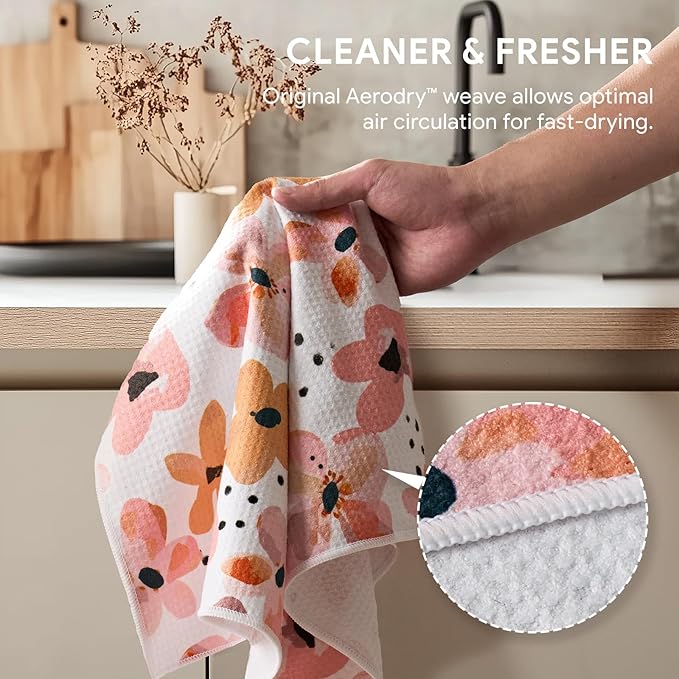 RECYCO Waffle Kitchen Towel Set of 2 - Quick Dry Microfiber Sustainable Dish Towels - Ultra Absorbent Reusable Cleaning Tea Towels - Lightweight Hand Towels,16”x 28”, Blossom Breeze