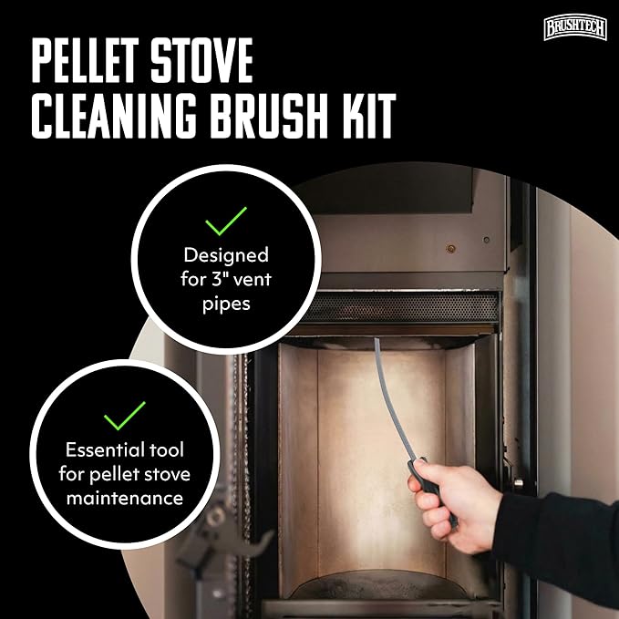 Brushtech Pellet Stove Cleaning Brush Kit - 10-Foot Non-Kinking Spring Brush for 3-Inch Vent Pipes with Bonus Steel Ash Brush - Safe Airflow Maintenance for Stove Pipes
