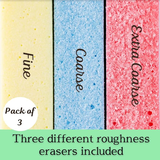 Rust Eraser for Knives Kitchen Stoves Wood Finish and Bicycles Multi Purpouse Cleaning Rubber Eraser Remover Dirt Stains, Set of 3 (Fine, Coarse, Extra coarse) Made in Japan