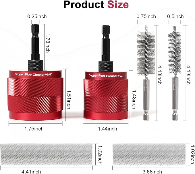 1/2" & 3/4" Copper Pipe Cleaner Set for Drill, with 1/4" Hex Shank & 6 Brush Blades & 2 Pipe Cleaning Brush, Plumbing Tools for Removing Rust, Stains & Paint from Copper & Metal Pipes, Red