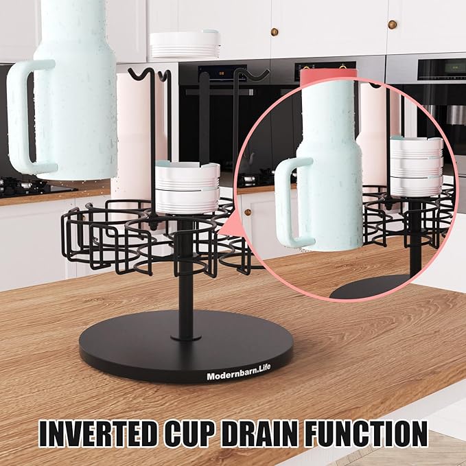 Water Bottle Organizer for Cabinet or Counter - Rotating Non-Slip Tumbler Organizer Holder for Stanley 40 Oz Cup with Handle - 2-In-1 Tumbler Display Storage Rack & Water Bottle Drying Rack - Black