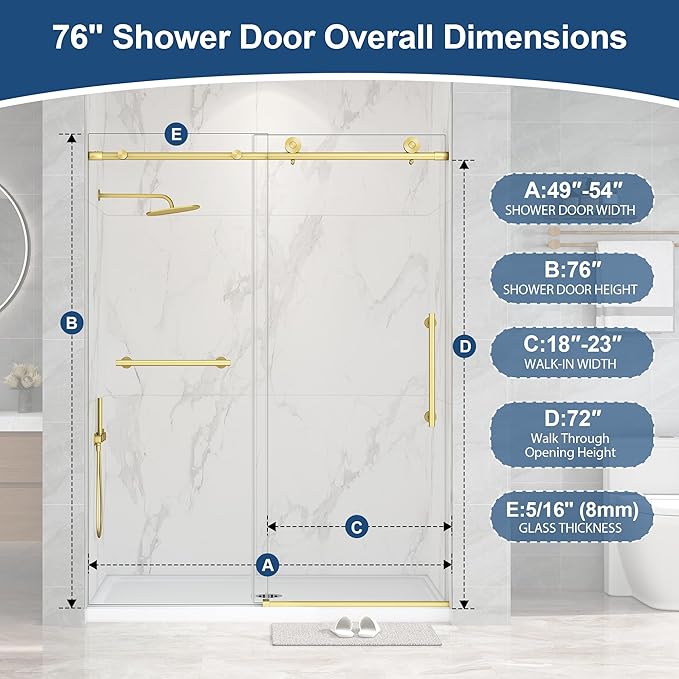 Frameless Shower Door,5/16" (8mm) Glass Sliding Shower Door with Soft-Close & Anti-Leak,Nano Coating Anti-Explosion Film SGCC Tempered Glass 49"-54" X 76"H,Brushed Gold