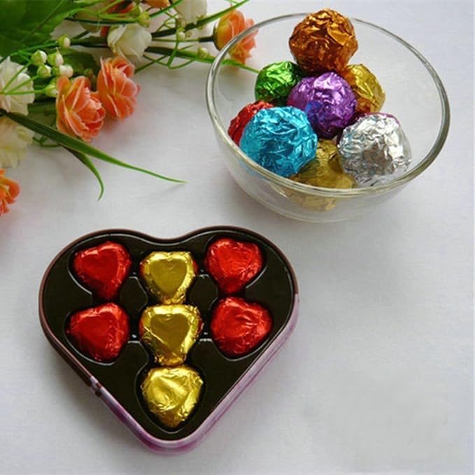 PABCK 500 Pcs 5 Colors Chocolate Wrappers Aluminium Foil Paper Wrapping Papers Square Sweets Lolly Paper Food Candy Tin Foil Wrapper for Candy Packaging Decoration (4x4 inches)