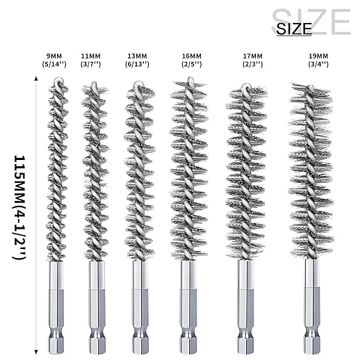 12Pcs Stainless Steel Bore Brush in Different Sizes Twisted Wire Cleaning Brush with Handle 1/4 Inch Hex Shank for Power Drill Impact Driver