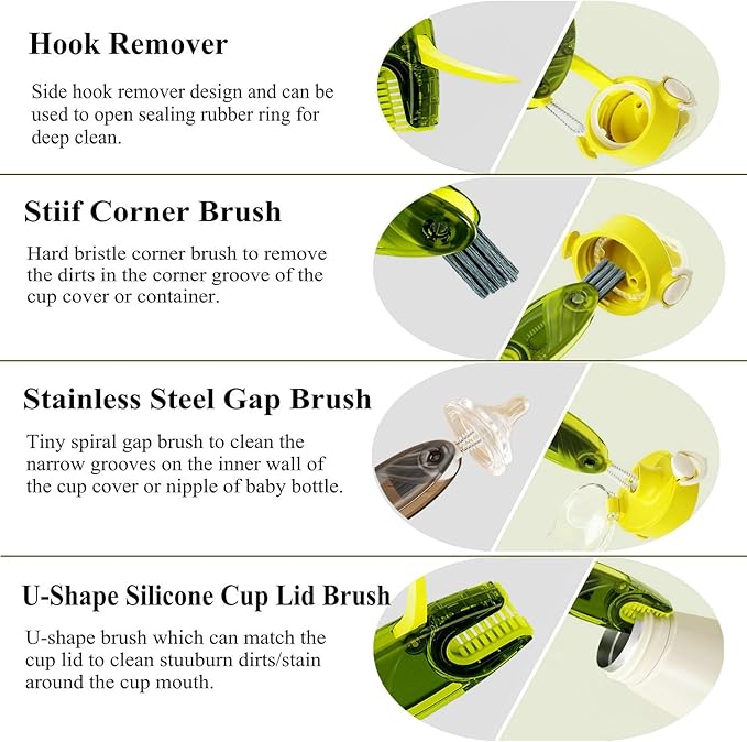 4 in 1 Cup Lid Cleaning Brush Set Multifunctional Bottle Brush Cleaner Tiny Bottle Cup Lid Brush Straw Cleaner Tools Mini Silicone Bottle Cup-Holder Cleaner with Hook Remover Green&White