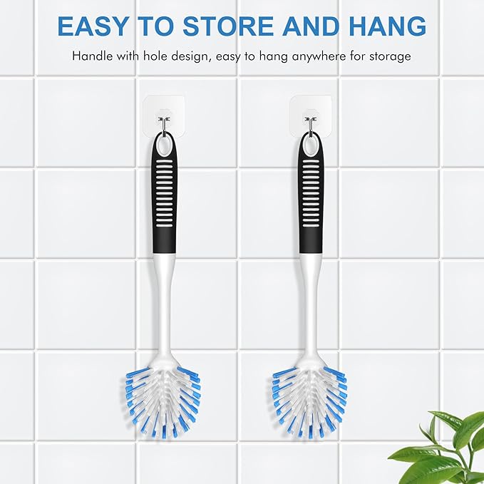 SetSail Dish Brush with Handle, 2 Pack Stiff Bristles Dish Scrubber with Built-in Scraper Dish Scrub Brushes for Cleaning Dishes, Pots and Pans, Kitchen Sink