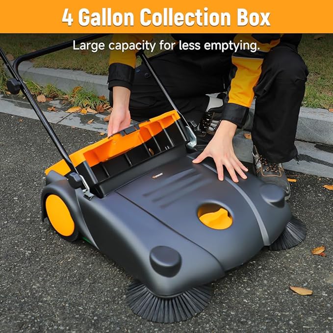 Hoteche 28-Inch Walk Behind Outdoor Manual Push Floor Sweeper, 4-Gallon Capacity, 30200 ft²/h Sweeping Efficiency, Lightweight Non-Electric Sweeper for Driveways, Patios, and Warehouses