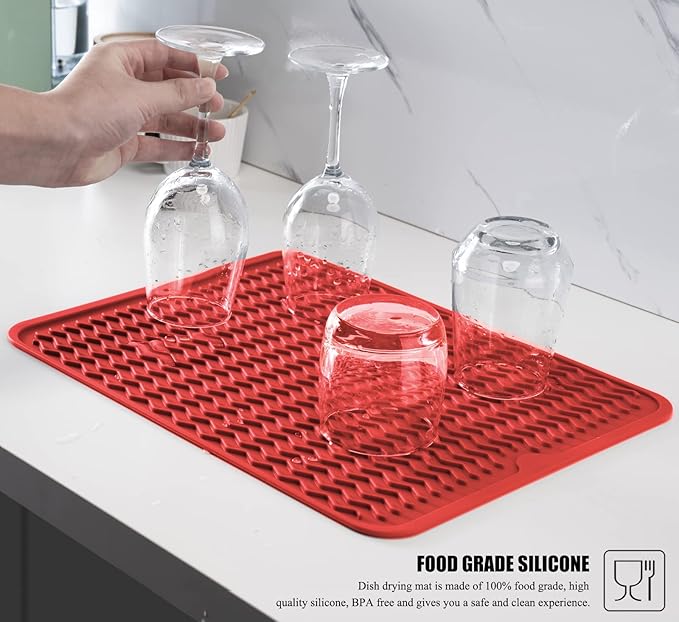Large 14" x 11" Silicone Dish Drying Mat for Kitchen Counter, Easy clean, Quick Dry, Heat-resistant Dish Drainer Mat for Sink,Refrigerator or Drawer liner (Food Grade Silicone-Red)