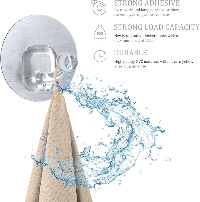 Uten Adhesive Hooks for Hanging 10 Pack, Heavy Duty Wall Hooks 11 lbs, Self Adhesive Waterproof Sticky Robe Towel Hooks for Home, Bathroom, Kitchen, Outdoor