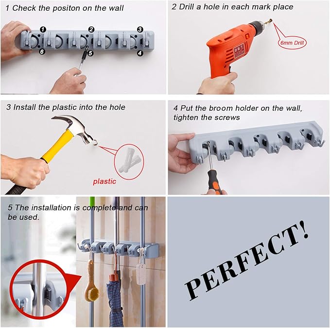 Wall Mount Broom Mop Holder Hanger Garden Tool Organizers Rack Garage Laundry Room Organizations and Storage with Hooks Heavy Duty