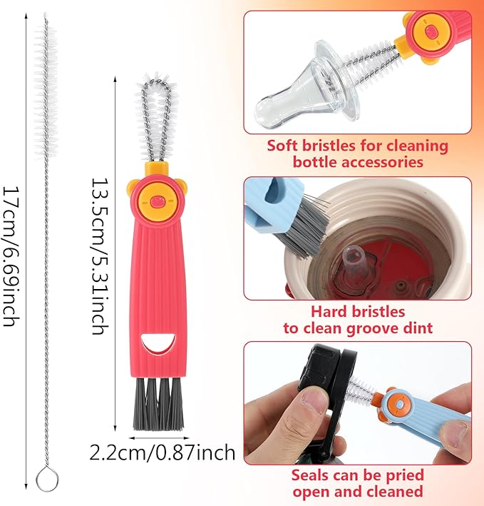 Ouligay 6 Pcs Straw Cleaner Brush Kit, 3 in 1 Cup Lid Cleaning Brush, 17cm Long Straw Cleaner, Tumbler Cup Straw Cleaner, 304 Stainless Steel & Nylon Bristles, Red Blue