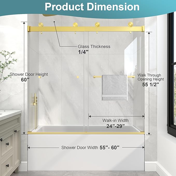 KPUY Frameless Tub Shower Door, 55-60" W x 60" H Double Sliding Bathtub Door, 1/4" (6mm) Thick Tempered Clear Glass with Explosion-Proof Film Nano Coating, Brushed Gold
