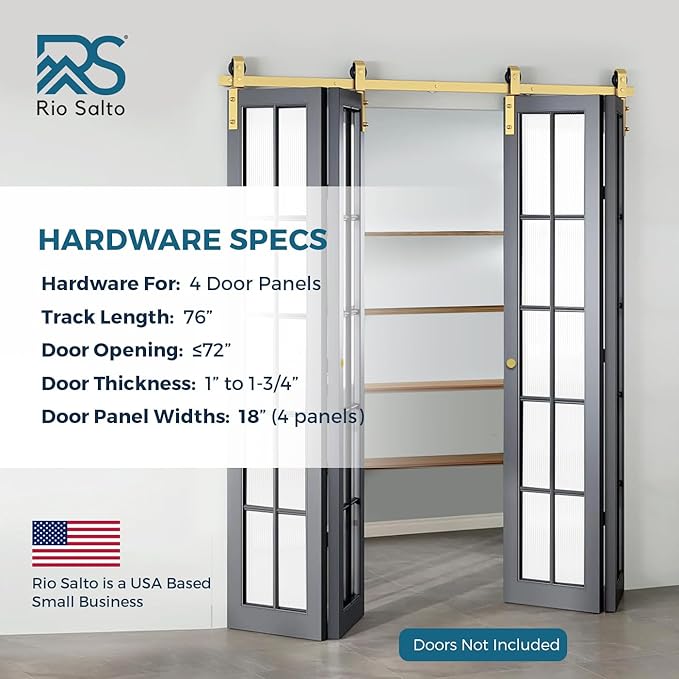 Rio Salto Gold Bifold Sliding Barn Door Hardware Kit Heavy Duty Metal Track System with Matching Knobs Gold Bi-Fold Barn Door Bifold Closet Doors, Bi-Folding 76" Track for 4 Doors, 4 Rollers, No Door
