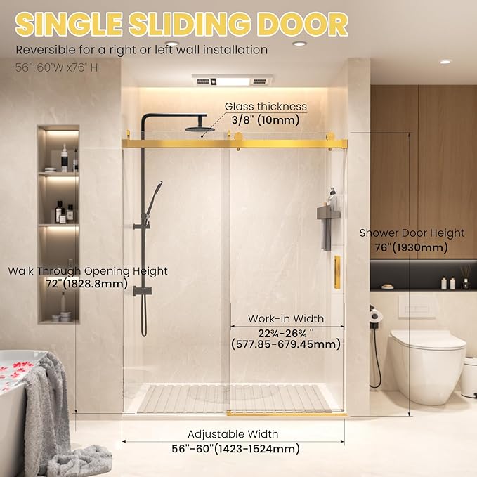 Shower Door 56–60 in W x 76 in H 3/8" Tempered Glass Sliding Shower Door Frameless Brushed Gold Soft-Close with Buffer Reversible Installation for Modern Bathroom