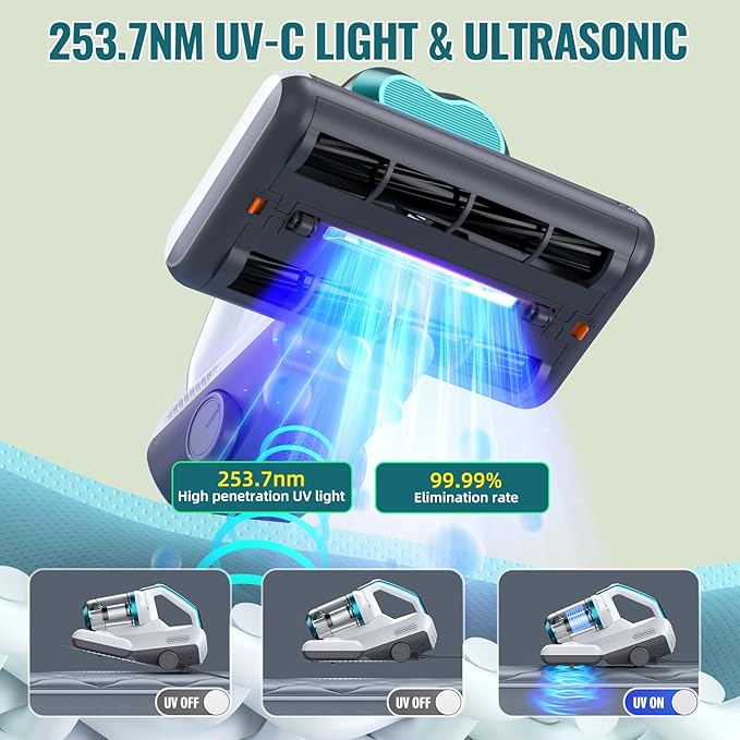 Mattress Vacuum Cleaner Bed Vacuum with 16Kpa Suction 253.7nm UV-C Light, 30000 RPM/Min Dual Brushroll Rotation & Heating Tech & Ultrasonic, 10'' Dual Widened Suction Port, 500W, Corded