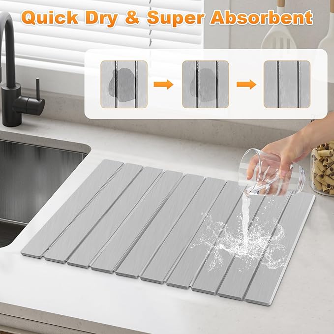 Stone Dish Drying Mat for Kitchen Counter, Collapsible Dish Drying Mat 24"(L)×16"(W) Absorbent Diatomaceous Earth Drying Mats, Quick Dry Stone Mat for Cups Dishes Kitchen Bathroom Any Countertop Gray