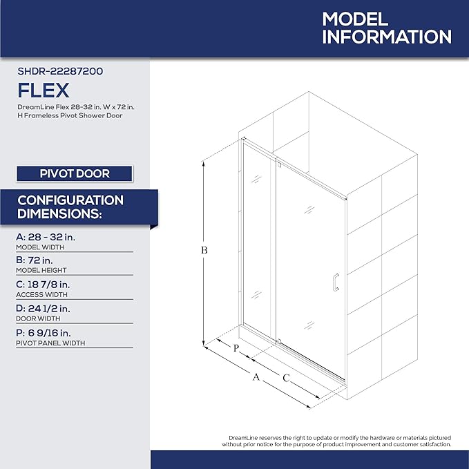 DreamLine Flex 28 - 32 inch W x 72 inch H Semi-Frameless Pivot Shower Door in Chrome