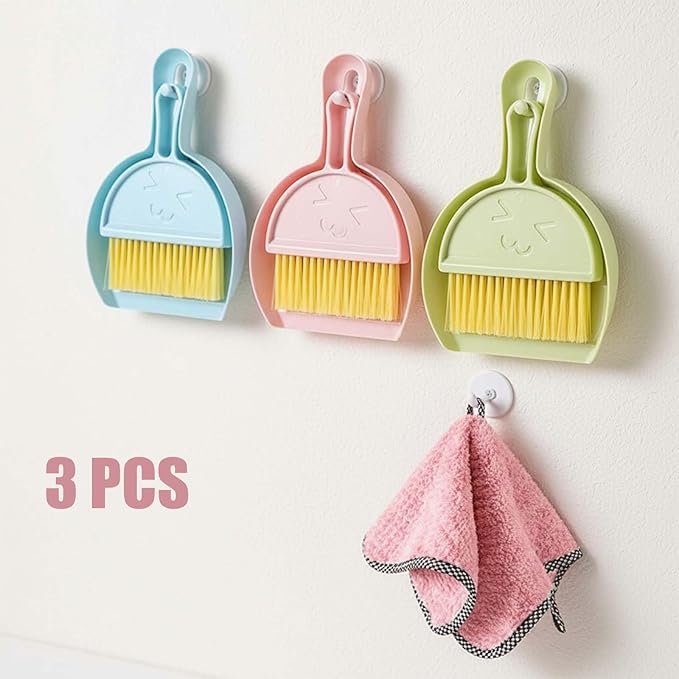 3 Pcs Mini Broom and Dustpan Set with Pink Towel, Small Brush Handheld Broom, Hangable Dustpan for Cleaning Tables, Sofas, Cars, Keyboards, Kitchen Countertops