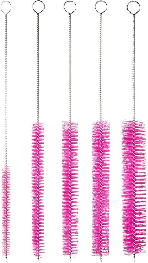 10" Tube Cleaning Brush Set, 5 Pack Large, Extra Long Nylon Straw Brushes with Flexible Handles for Bottles, Cleaning Straws, Pipe Cleaners, Keyboard, Glass, Guns, Detailing and Deep Cleaning, Pink