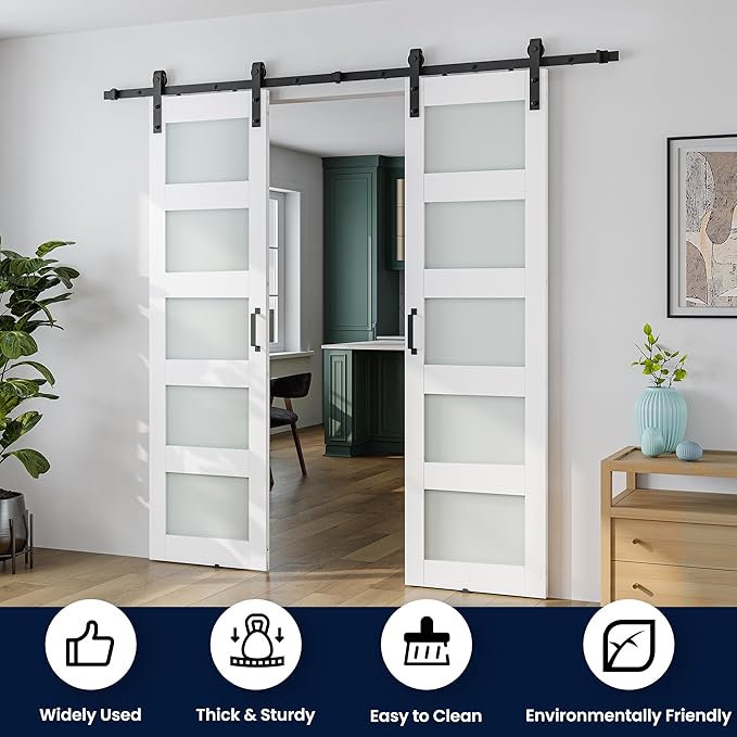 SmartStandard 42 x 84 in (Double 21×84 Door) Glass Barn Door with 7FT Sliding Hardware Kit & Handle, Pre-Drilled Ready to Assemble, Waterproof PVC Coating, 5-Panel Glass, White