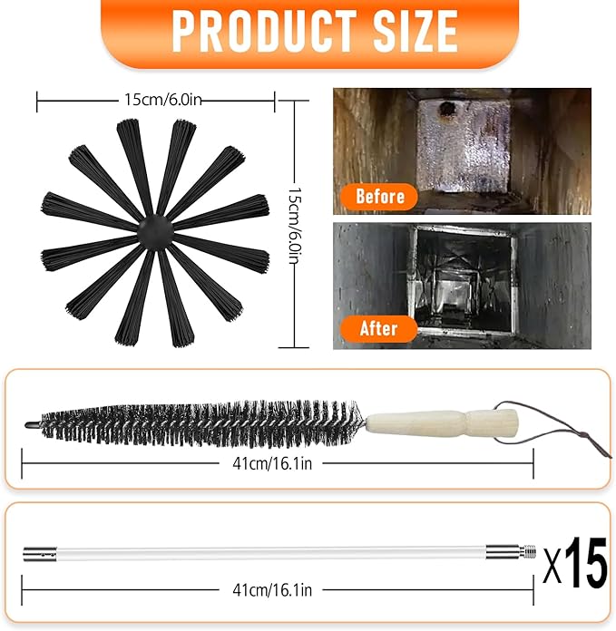 20Feet Chimney Sweep Kit,6 in Brush Head,Dryer Vent Cleaner Kit, Chimney Sweep&Chimney Cleaning Kit, Rotary Chimney Cleaning System for Flue/Fireplace/Sewage Pipe/Hood with 15 Nylon Flexible Rods