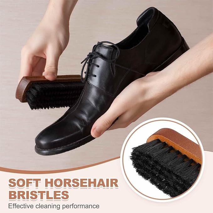 HARFINGTON Shoe Cleaning Brush 5"x2" Beech Wood Horsehair Boot Polish Brushes for Leather Shoes Boots Cloth Cleaner, Black Wood