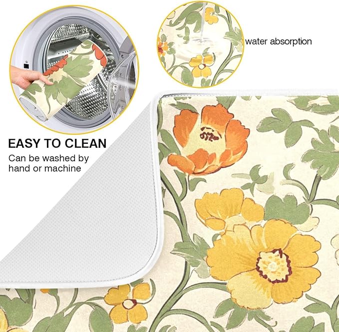 Retro Yellow Orange Flowers Dish Drying Mat for Kitchen Counter Absorbent Microfiber Drying Pad, Large 18x24 in, Reversible Drainer Mats
