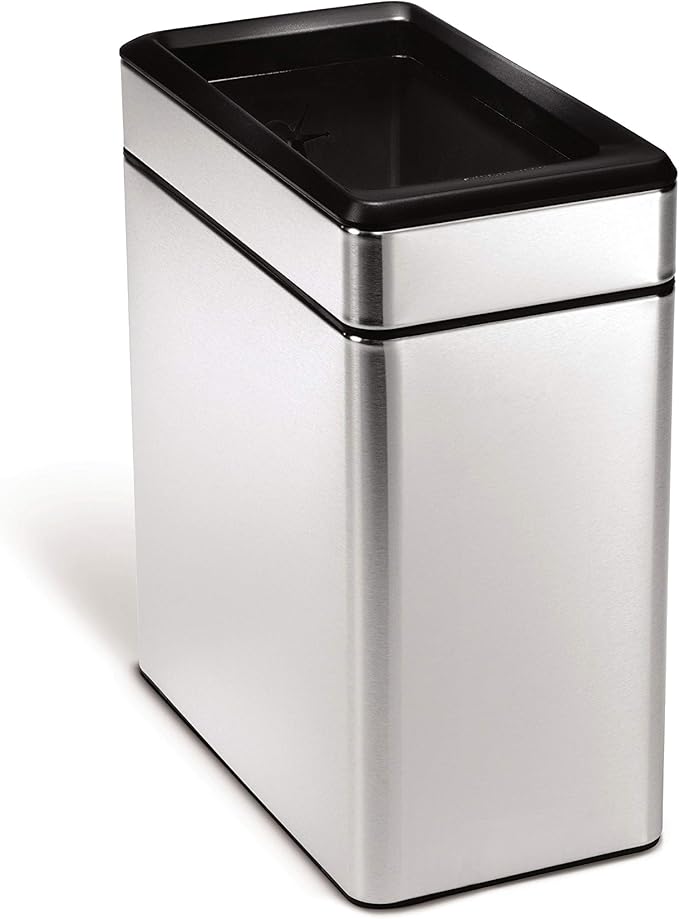 simplehuman 10 Liter / 2.6 Gallon Profile Open Trash Can, Slim Trash Can for Bedroom, Bathroom, Office, Brushed Stainless Steel