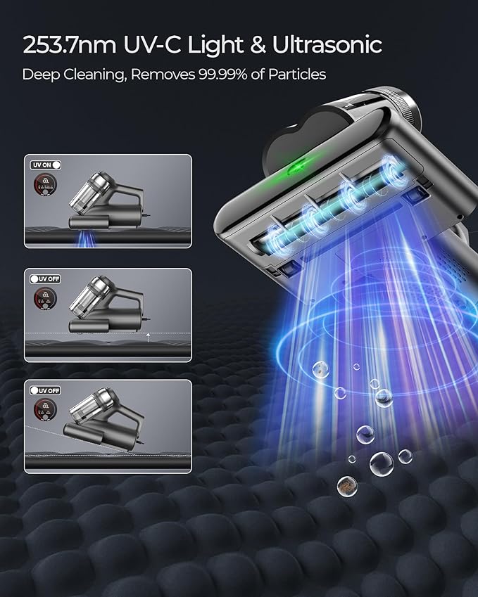 Powerful Mattress Bed Vacuum Cleaner, 2-Speed (14kPa/18kPa) Mattress Vacuum with Green Light Dust Detection, 253.7nm UV-C Light, LED Display, HEPA Filter, 149℉ Heat, Aroma for Bed Couch Carpet