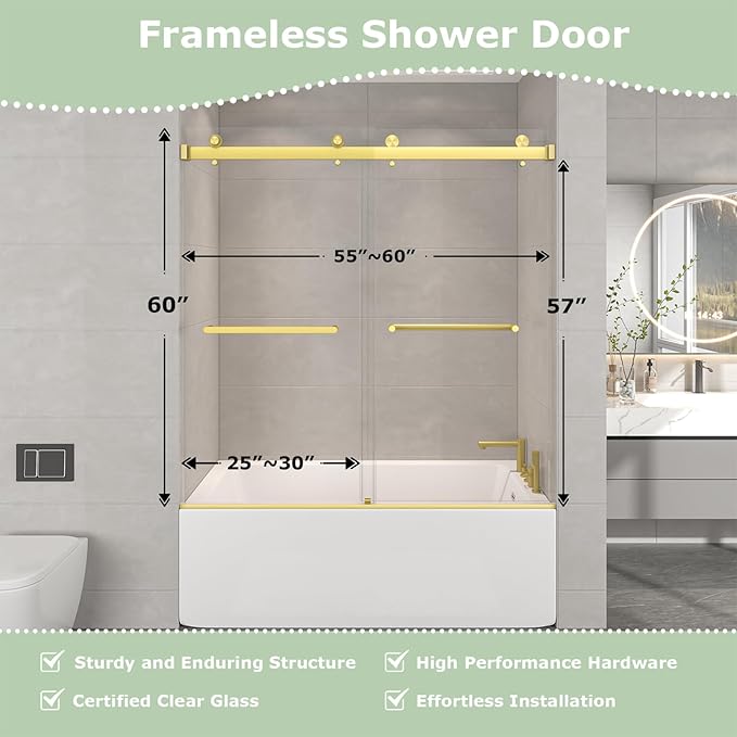 55"-60" W x 60" H Frameless Bathtub Shower Door, Double Sliding Shower Door,5/16"(8mm) Clear Tempered Glass,Easy Sliding Tub Shower Door with Explosion-Proof Film (Brushed Gold 60" Wx60 H)