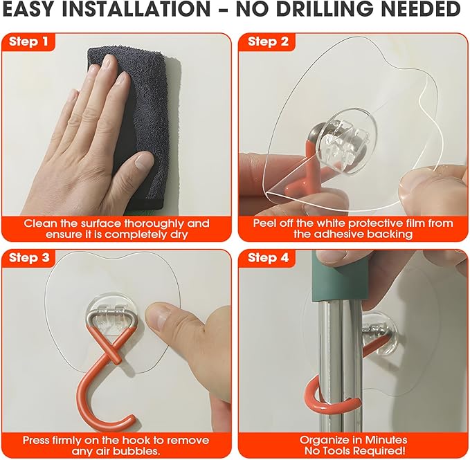 No Drill Large Adhesive Wall Hooks,Broom Holder for Wall,Heavy Duty Mop Hooks with Extra Adhesive Pad,75LB Load Capacity,3.35x2.95in Adhesive Pad for Garage Kitchen Bathroom Organization (2, Orange)