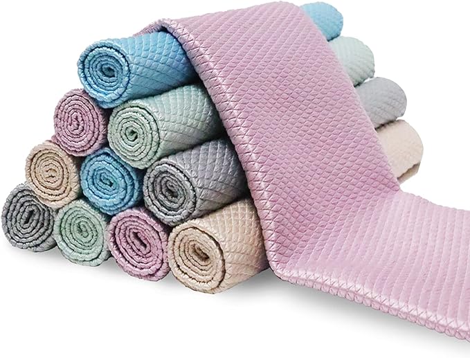 Fish Scale Microfiber Polishing Cleaning Cloth Reusable Microfiber Towels, Lint Free Cleaning Rags for Glass No Watermark, Dishes, Mirrors (10Pcs,5 Colors,15.7 in x 11.8 in)