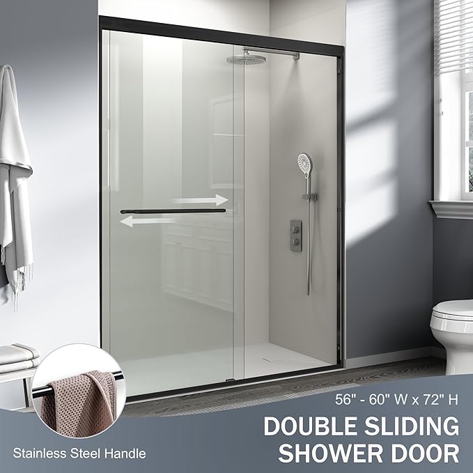 Abruzzo Double Sliding Shower Door - 56-60" Adjustable Width, 72" Height, Semi-Frameless Tempered Glass Enclosure for Walk-in Showers, Matte Black