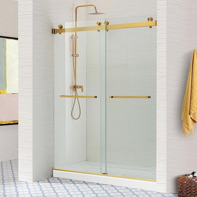 Brushed Gold Shower Door,56-60''W x 76''H Frameless Double Sliding Glass Door for Walk in,Stainless Steel Hardware with Clear SGCC 3/8"(10mm) Thickened Tempered Glass for Bathroom