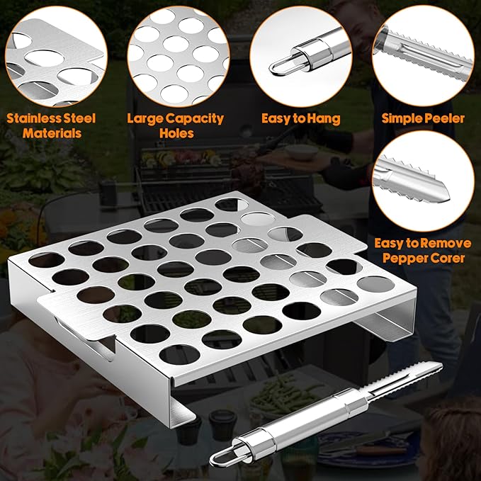 Skyflame Jalapeno Grill Rack with Handle and Chili Pepper Corer Tool - Large 36 Holes Capacity Stainless Steel Drumstick Chicken Wings Roaster for BBQ Smoker and Oven